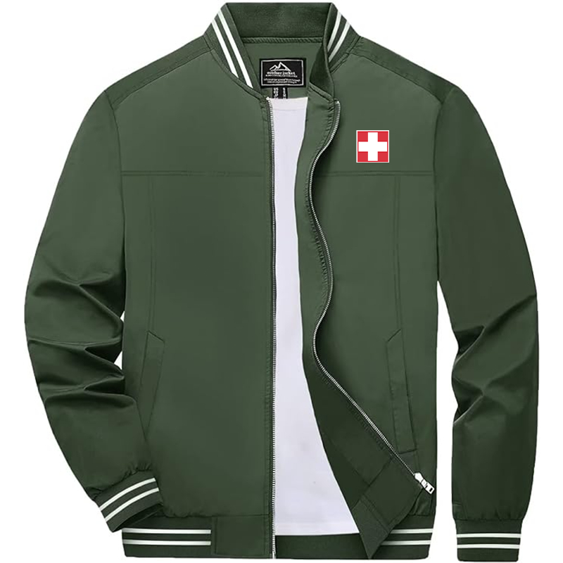 Men'sSwitzerland National Football Soccer Team Lightweight Zip-Up Bomber Jacket  Ribbed Collar and Cuffs Outerwear