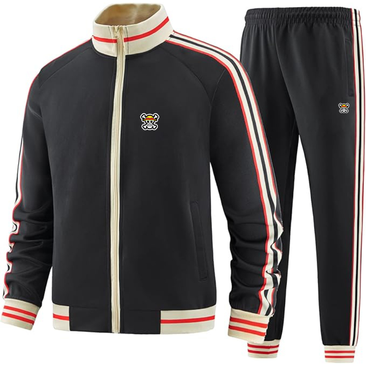 Men's Straw Hat  Tracksuit with Bold Striped Accents and Zippered Front