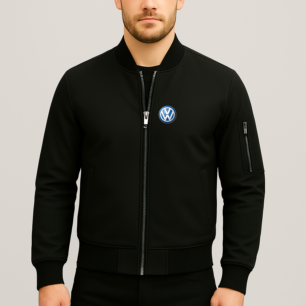 Men’s VW Volkswagen Car Lightweight Zip-Up Bomber Jacket with Ribbed Collar and Cuffs - Versatile Casual Outerwear