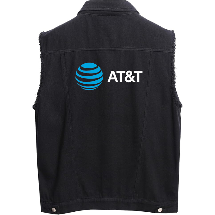 Men's  AT&T Sleeveless Distressed Denim Vest Rugged Black Jean Jacket