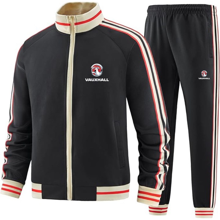 Men's Vauxcall motors Tracksuit with Bold Striped Accents and Zippered Front