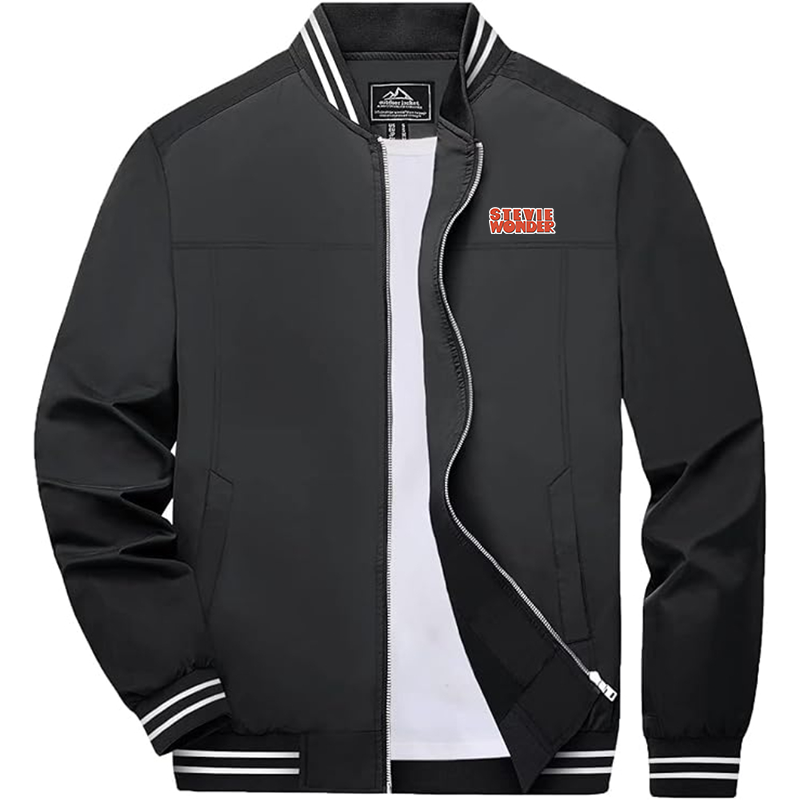 Men's Stevie-Wonder Zip-Up Bomber Jacket  Ribbed Collar and Cuffs Outerwear