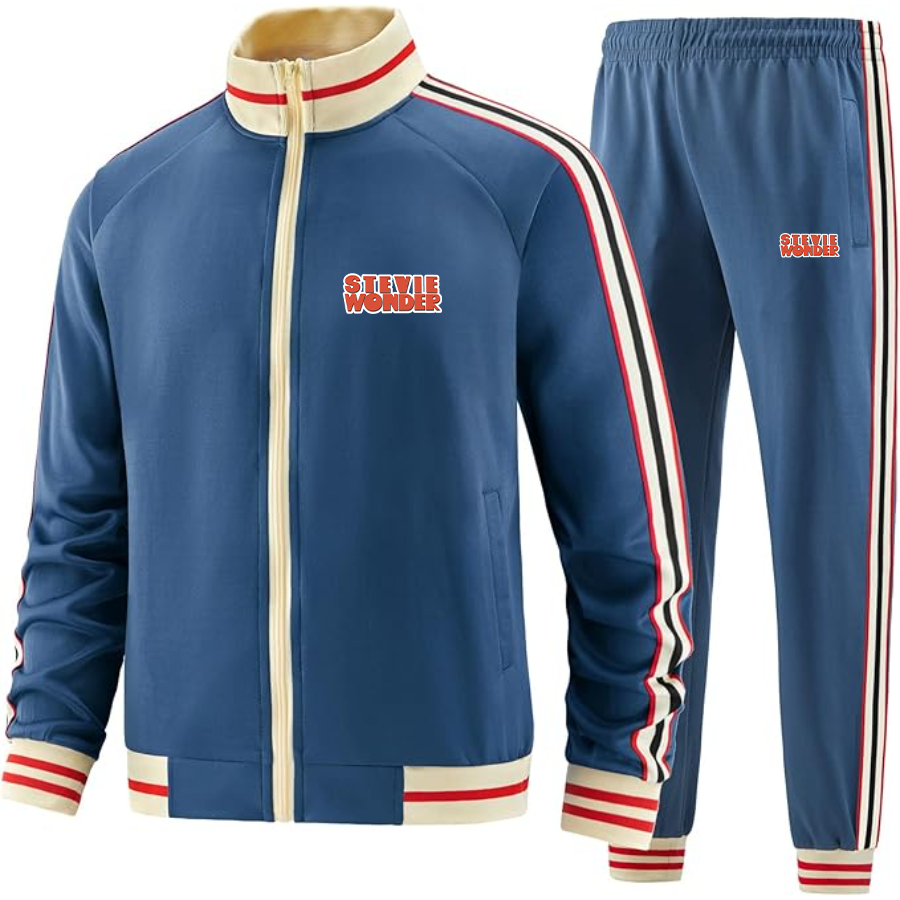 Men's Stevie-Wonder Tracksuit with Bold Striped Accents and Zippered Front