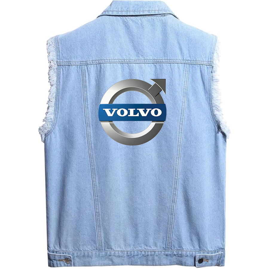 Men's Volvo car Sleeveless Distressed Denim Vest Rugged Black Jean Jacket