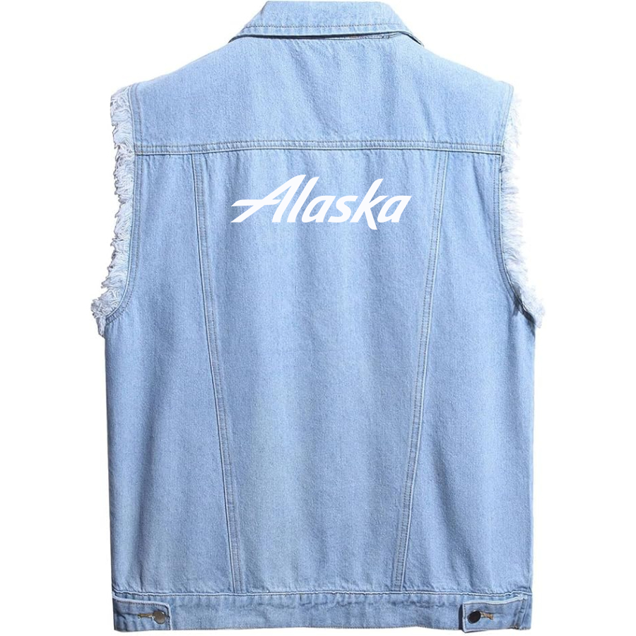 Men's  Alaska Airline Sleeveless Distressed Denim Vest Rugged Black Jean Jacket