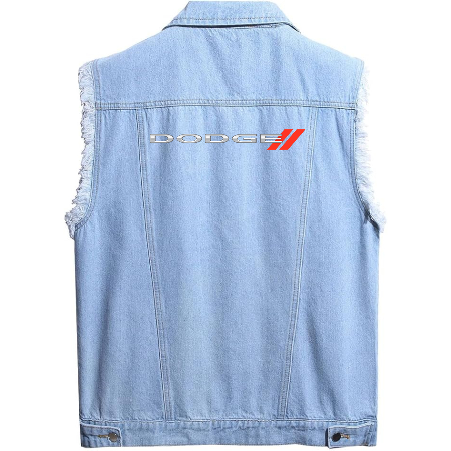 Men's  Dodge Car Sleeveless Distressed Denim Vest Rugged Black Jean Jacket