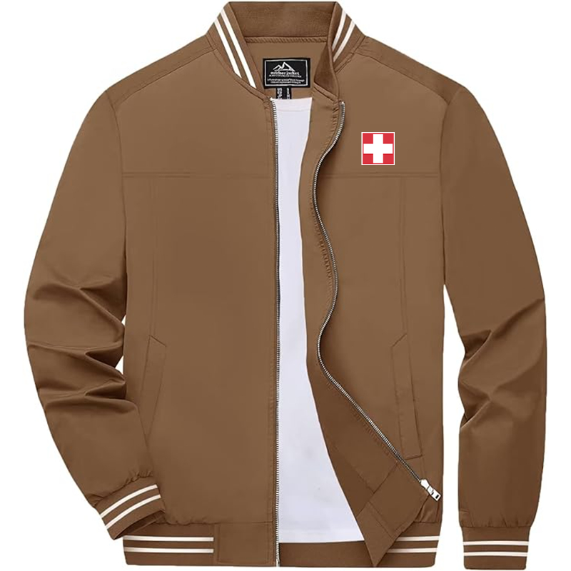 Men'sSwitzerland National Football Soccer Team Lightweight Zip-Up Bomber Jacket  Ribbed Collar and Cuffs Outerwear