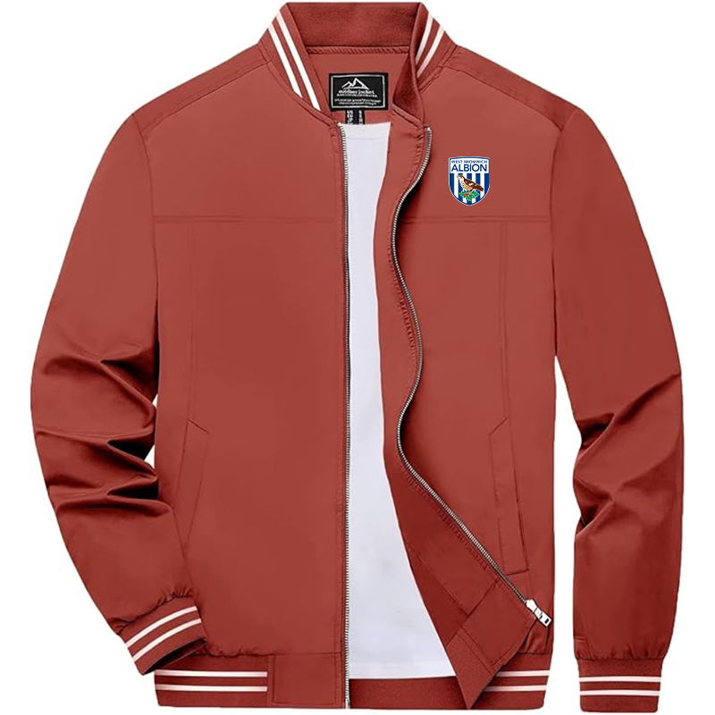 Men's West Bromwich Albion Soccer Zip-Up Bomber Jacket  Ribbed Collar and Cuffs Outerwear