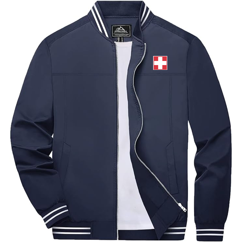 Men'sSwitzerland National Football Soccer Team Lightweight Zip-Up Bomber Jacket  Ribbed Collar and Cuffs Outerwear