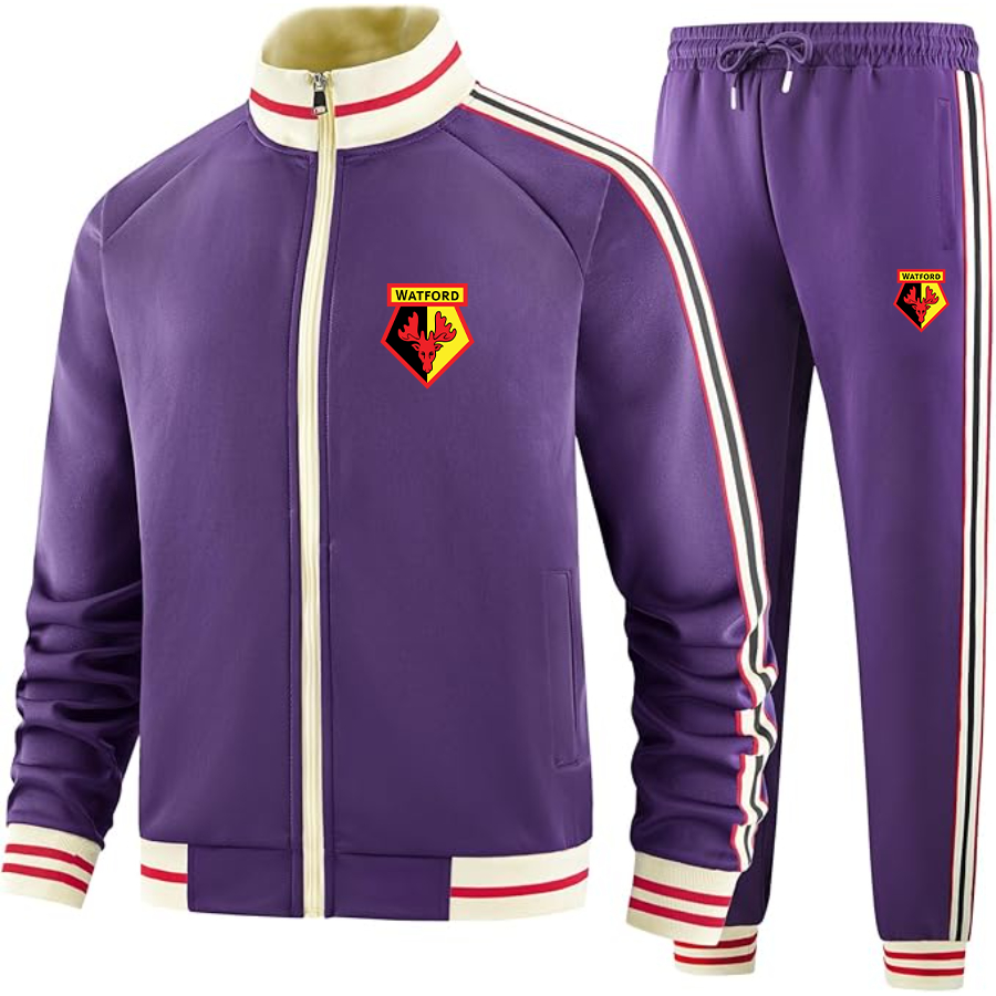 Men's Watford Soccer  Tracksuit with Bold Striped Accents and Zippered Front