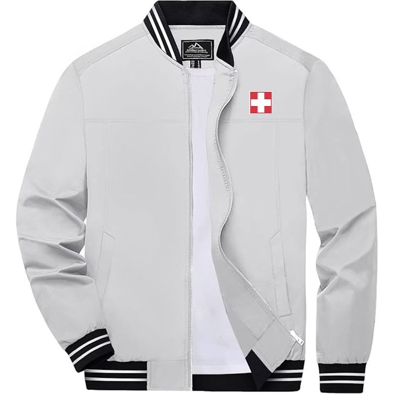 Men'sSwitzerland National Football Soccer Team Lightweight Zip-Up Bomber Jacket  Ribbed Collar and Cuffs Outerwear