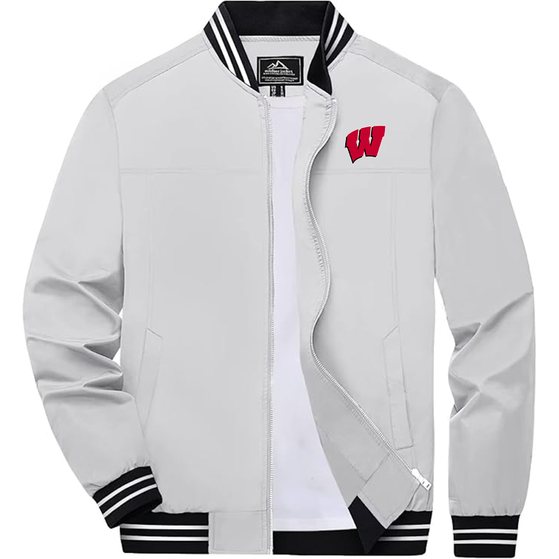 Men's Wisconsin Badgers Zip-Up Bomber Jacket Ribbed Collar and Cuffs Outerwear