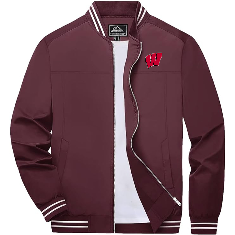 Men's Wisconsin Badgers Zip-Up Bomber Jacket Ribbed Collar and Cuffs Outerwear