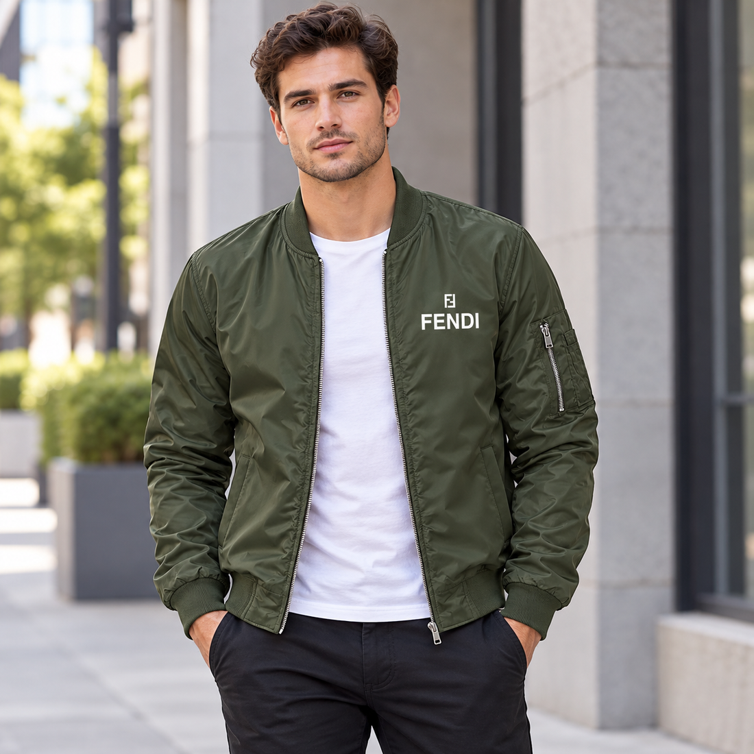 Men's Fendi Lightweight Bomber Jacket Windbreaker Softshell Varsity Jacket Coat | Color: Army Green | 1