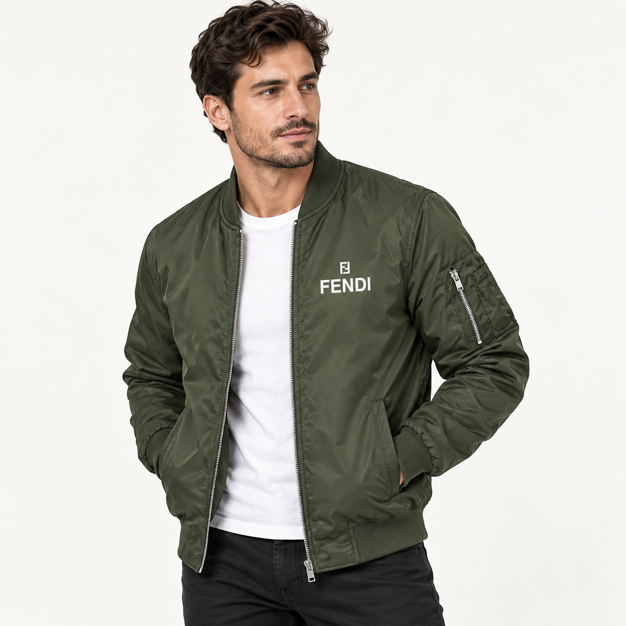 Men's Fendi Lightweight Bomber Jacket Windbreaker Softshell Varsity Jacket Coat | Color: Army Green | 2