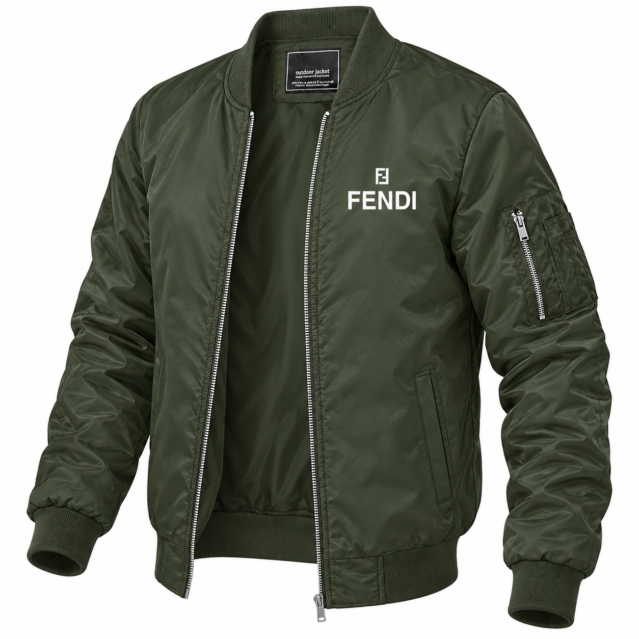 Men's Fendi Lightweight Bomber Jacket Windbreaker Softshell Varsity Jacket Coat | Color: Army Green | 5