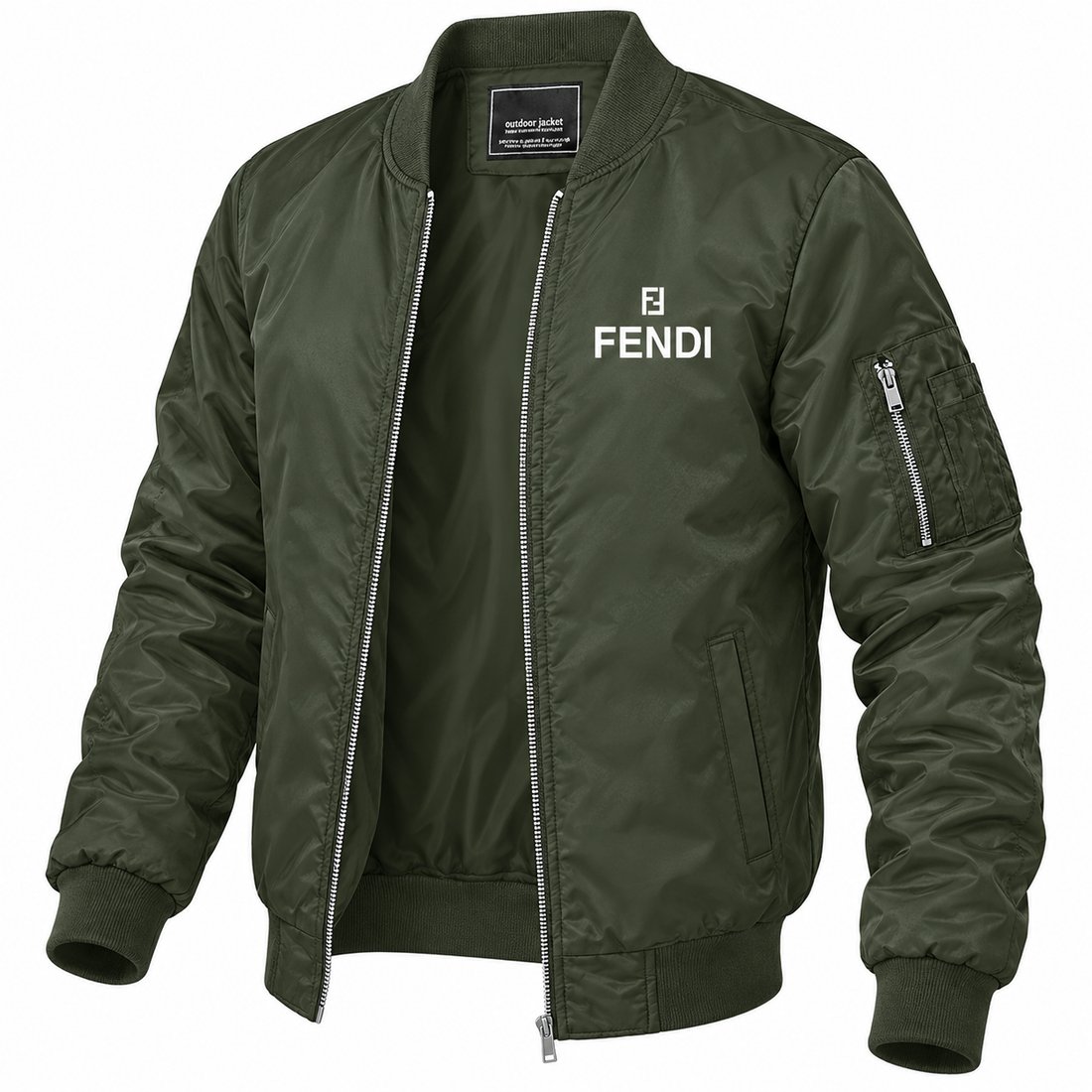 Men's Fendi Lightweight Bomber Jacket Windbreaker Softshell Varsity Jacket Coat | Color: Army Green | 5