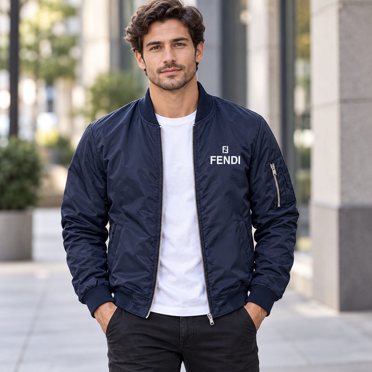 Men's Fendi Lightweight Bomber Jacket Windbreaker Softshell Varsity Jacket Coat | Color: Navy | 1