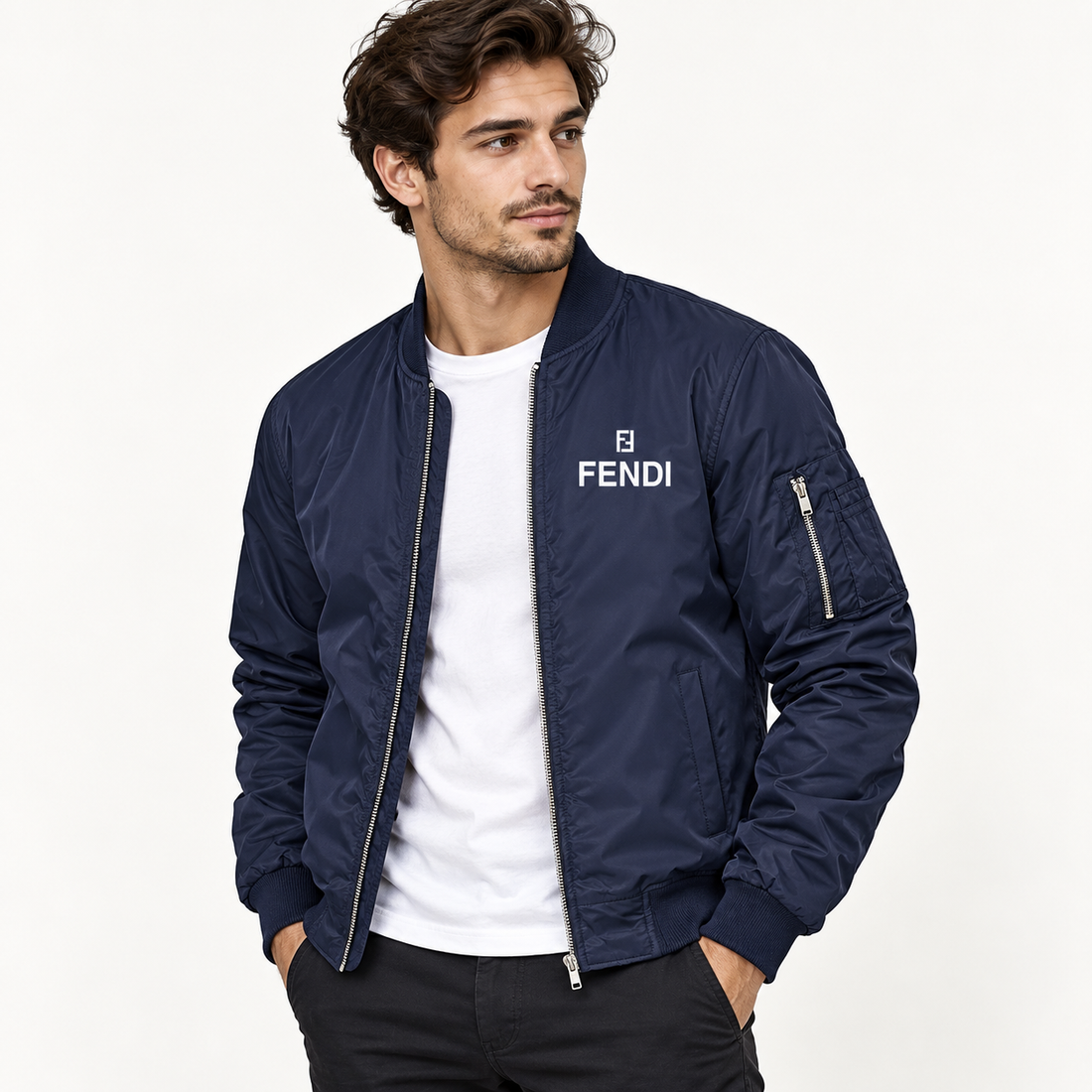 Men's Fendi Lightweight Bomber Jacket Windbreaker Softshell Varsity Jacket Coat | Color: Navy | 2