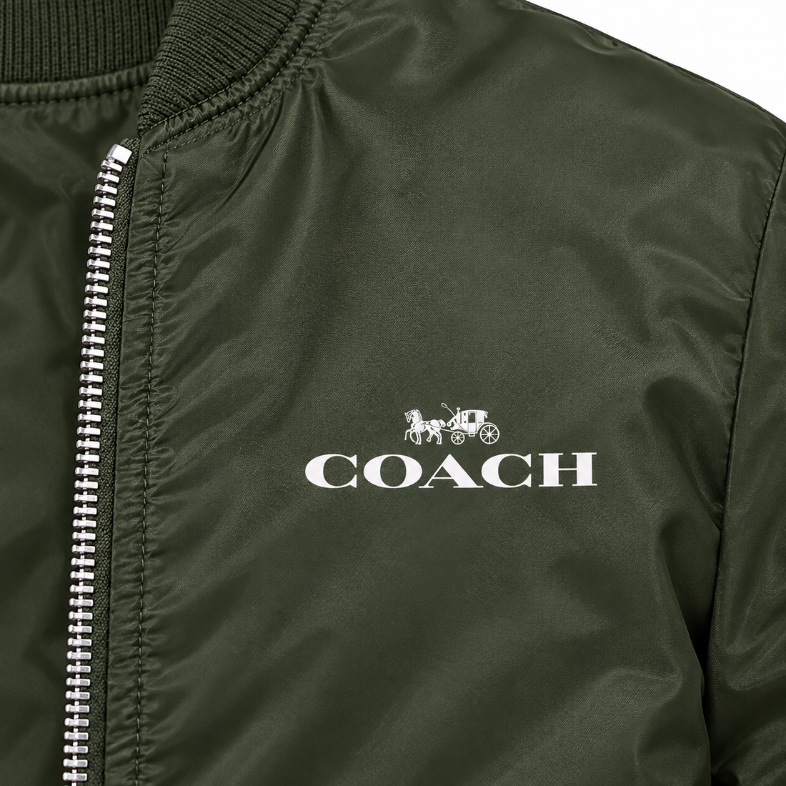 Men's Coach Lightweight Bomber Jacket Windbreaker Softshell Varsity Jacket Coat | Color: Army Green | Print close-up