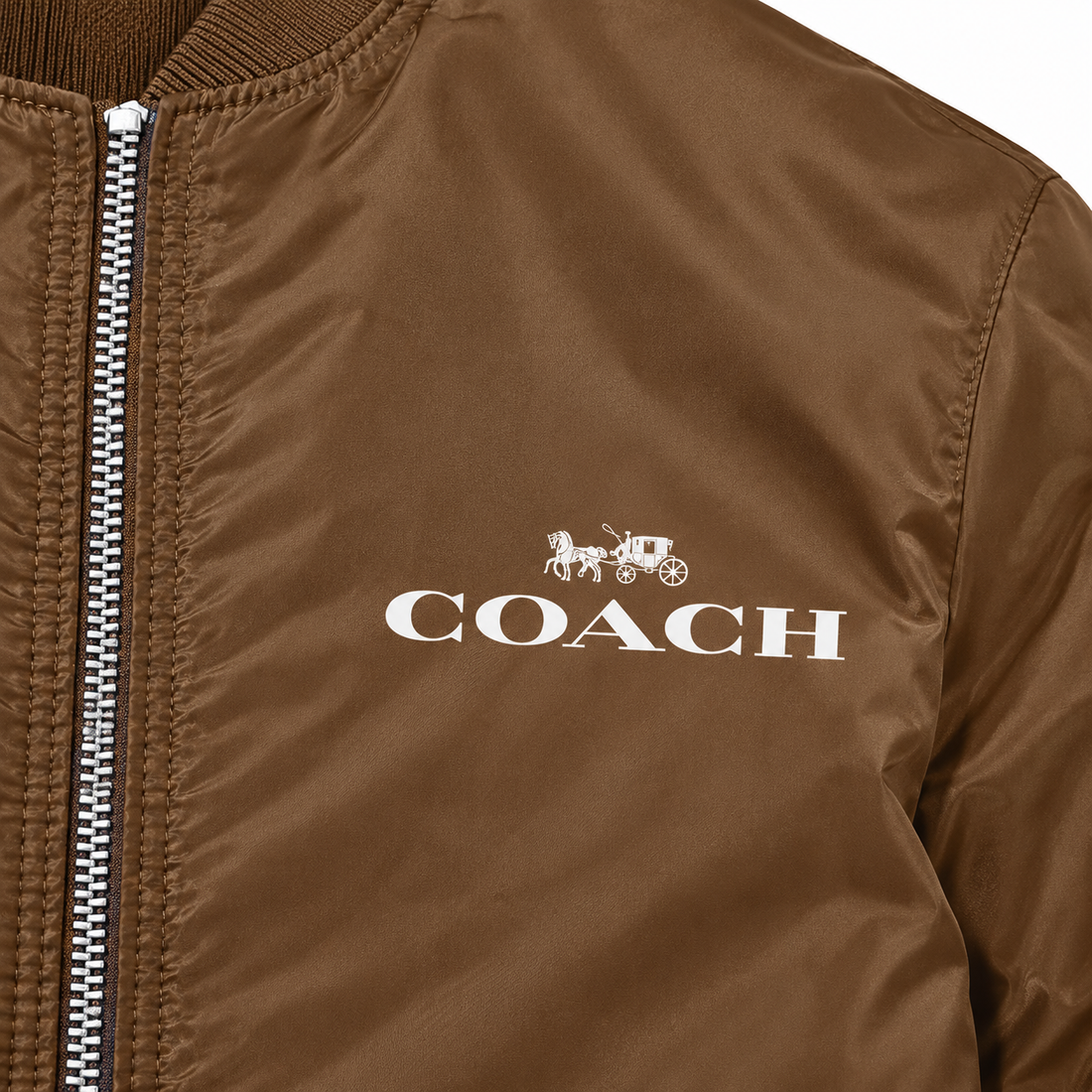 Men's Coach Lightweight Bomber Jacket Windbreaker Softshell Varsity Jacket Coat | Color: Brown | Print close-up