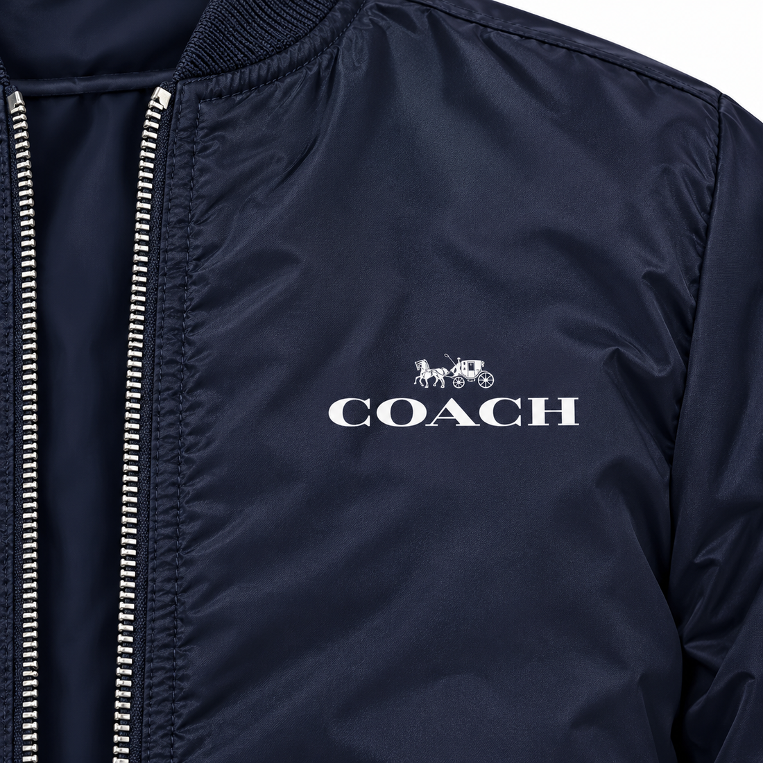 Men's Coach Lightweight Bomber Jacket Windbreaker Softshell Varsity Jacket Coat | Color: Navy | Print close-up