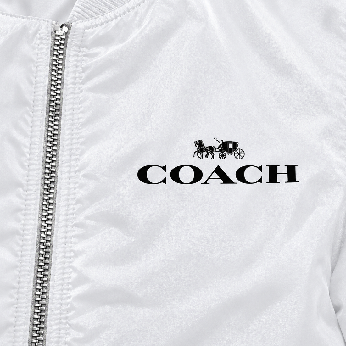 Men's Coach Lightweight Bomber Jacket Windbreaker Softshell Varsity Jacket Coat | Color: White | Print close-up