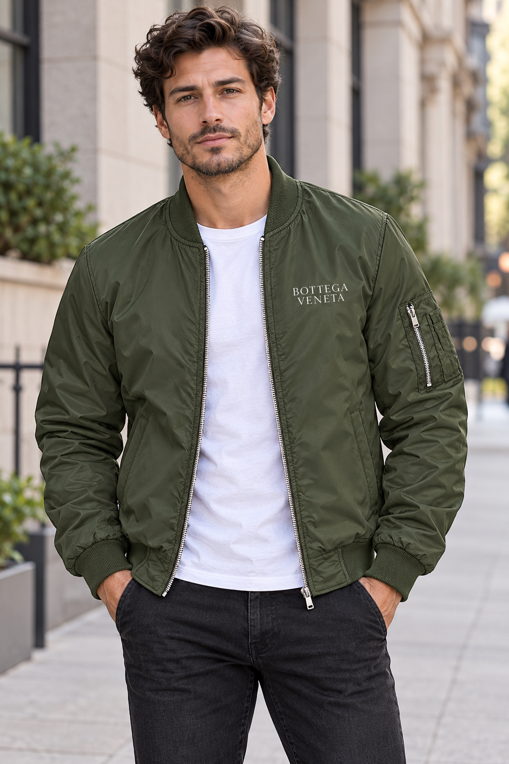 Men's Bottega Veneta Lightweight Bomber Jacket Windbreaker Softshell Varsity Jacket Coat | Color: Army Green | View 1