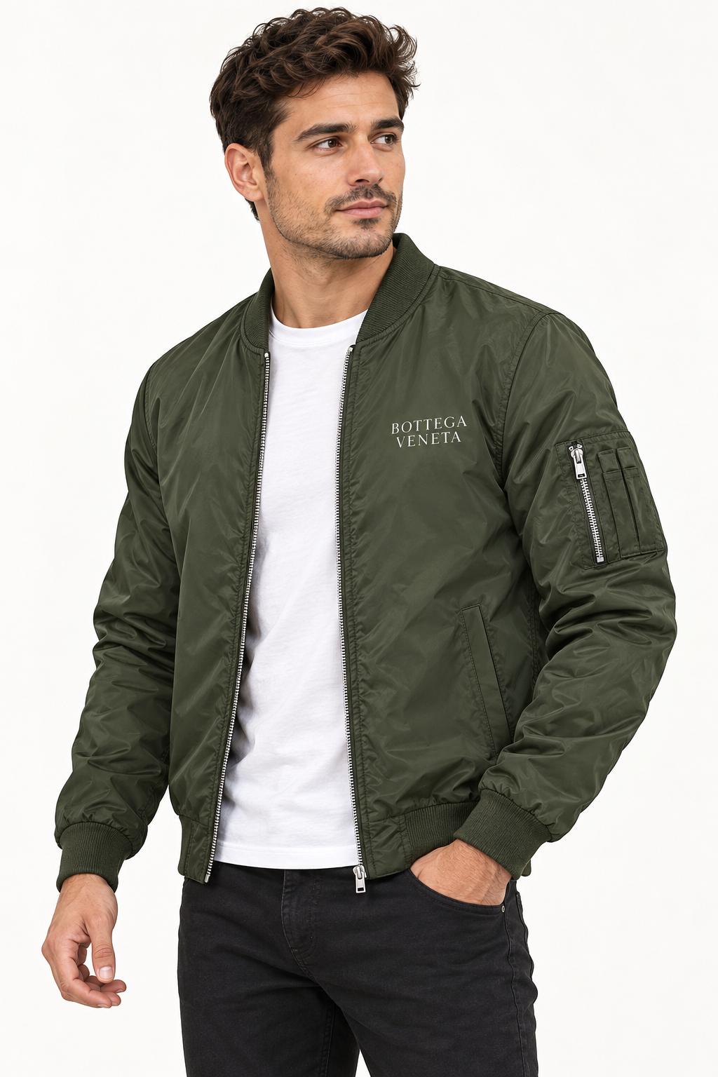 Men's Bottega Veneta Lightweight Bomber Jacket Windbreaker Softshell Varsity Jacket Coat | Color: Army Green | View 2