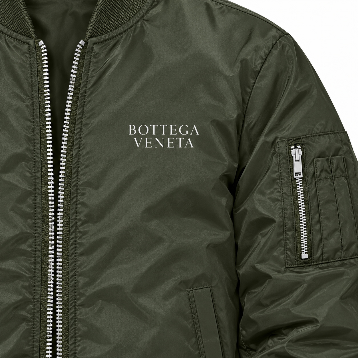 Men's Bottega Veneta Lightweight Bomber Jacket Windbreaker Softshell Varsity Jacket Coat | Color: Army Green | View 3