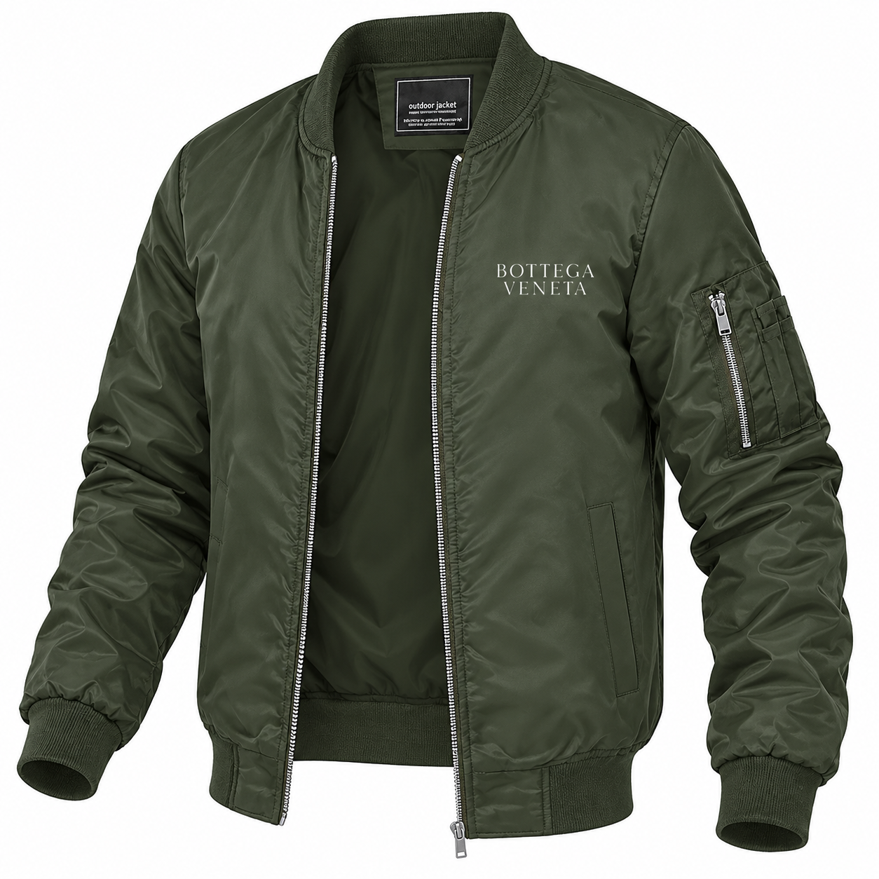 Men's Bottega Veneta Lightweight Bomber Jacket Windbreaker Softshell Varsity Jacket Coat | Color: Army Green | View 5