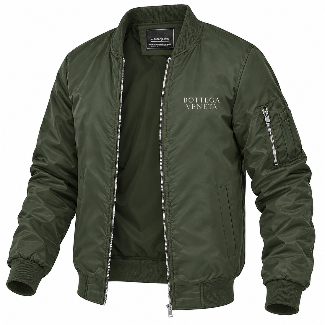 Men's Bottega Veneta Lightweight Bomber Jacket Windbreaker Softshell Varsity Jacket Coat | Color: Army Green | View 5