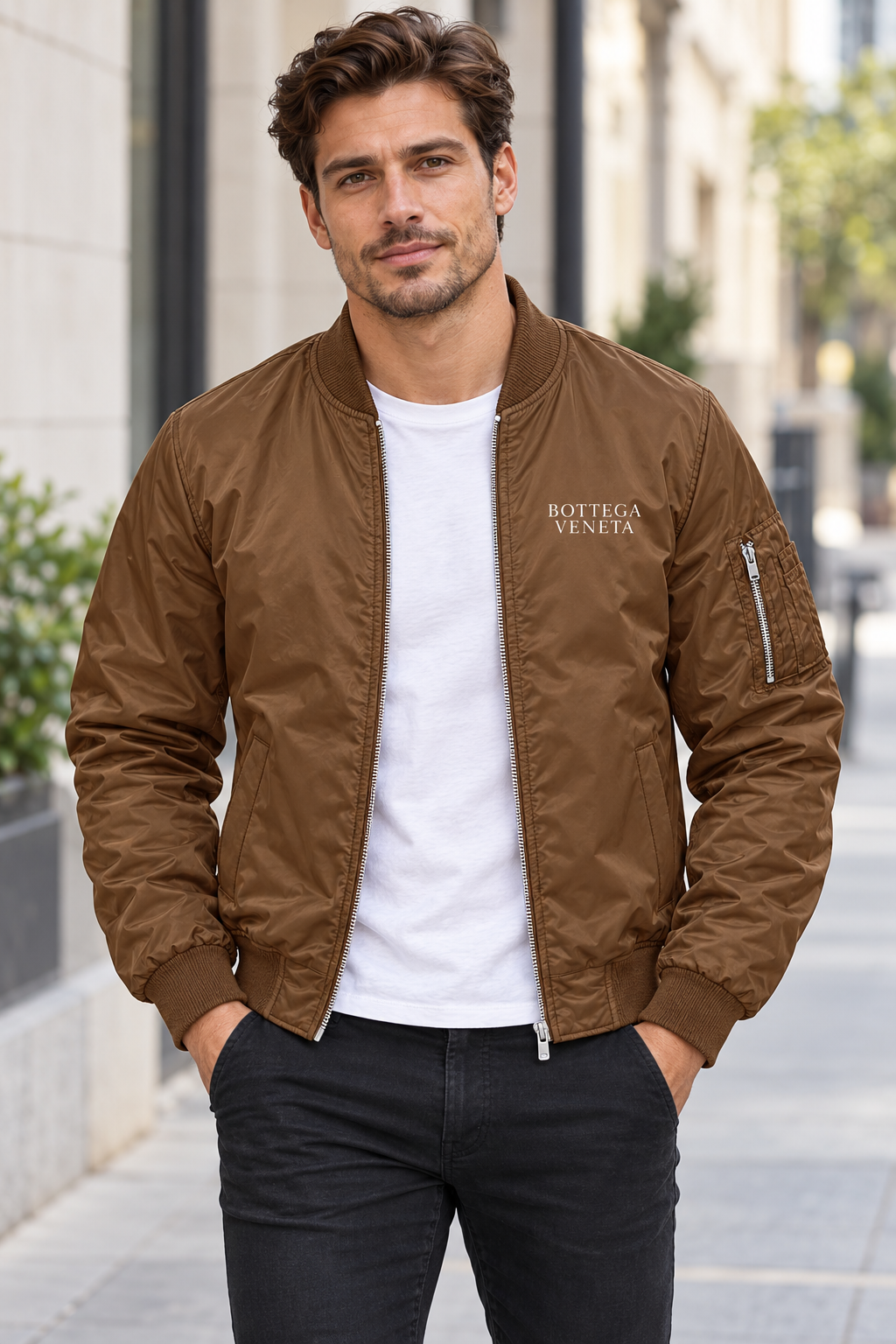 Men's Bottega Veneta Lightweight Bomber Jacket Windbreaker Softshell Varsity Jacket Coat | Color: Brown | View 1