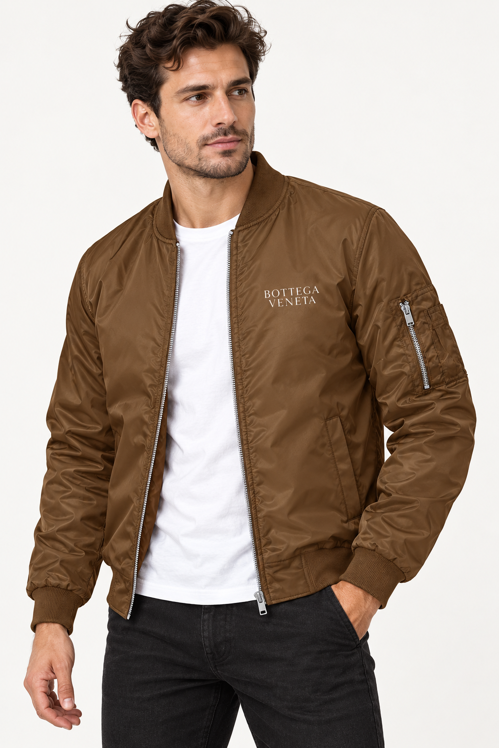 Men's Bottega Veneta Lightweight Bomber Jacket Windbreaker Softshell Varsity Jacket Coat | Color: Brown | View 2