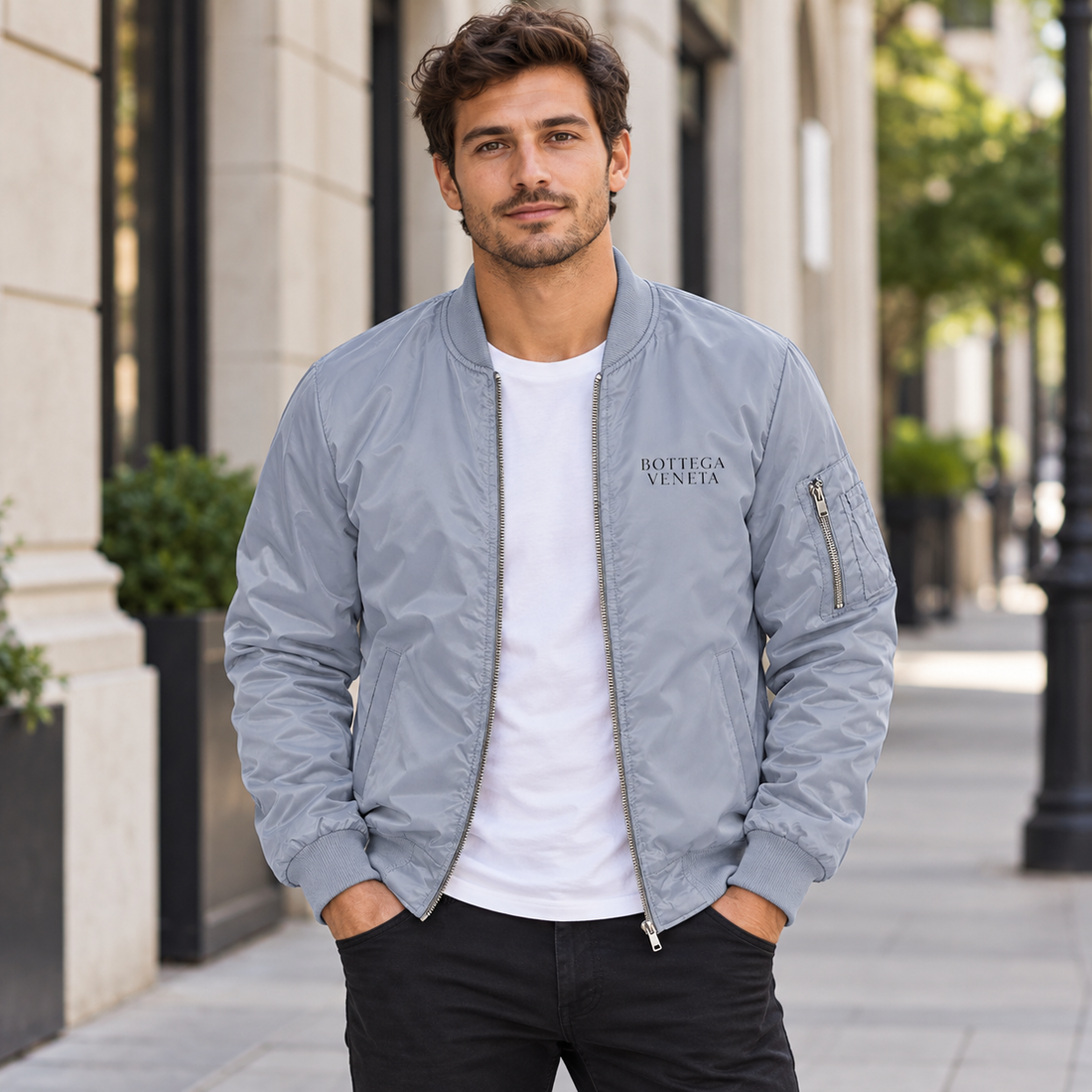 Men's Bottega Veneta Lightweight Bomber Jacket Windbreaker Softshell Varsity Jacket Coat | Color: Grey | View 1