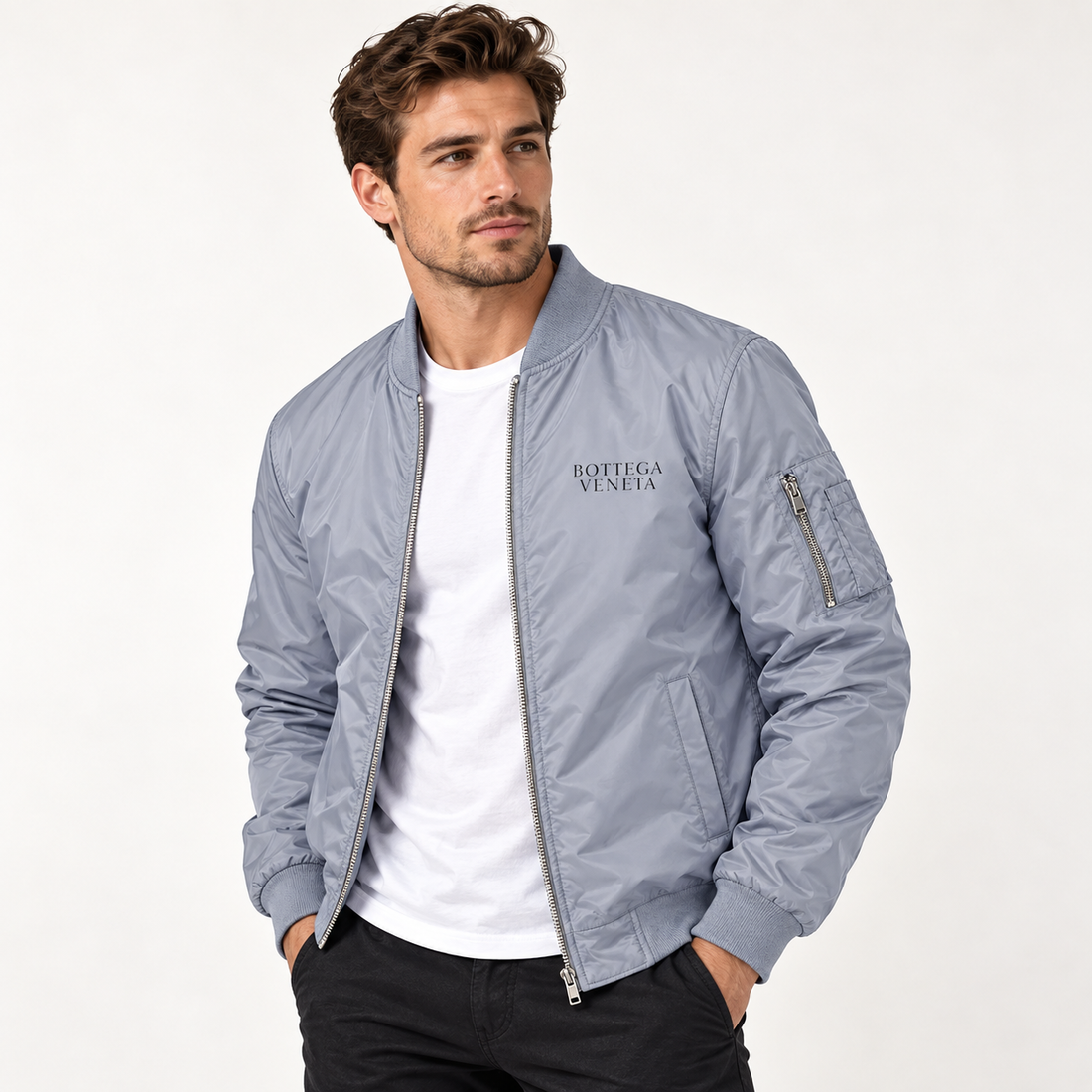 Men's Bottega Veneta Lightweight Bomber Jacket Windbreaker Softshell Varsity Jacket Coat | Color: Grey | View 2
