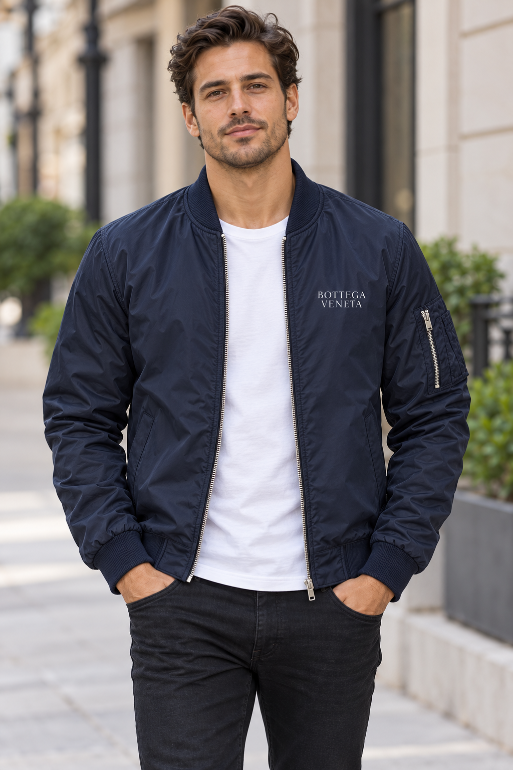 Men's Bottega Veneta Lightweight Bomber Jacket Windbreaker Softshell Varsity Jacket Coat | Color: Navy | View 1