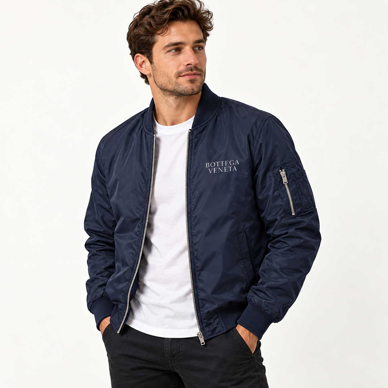 Men's Bottega Veneta Lightweight Bomber Jacket Windbreaker Softshell Varsity Jacket Coat | Color: Navy | View 2
