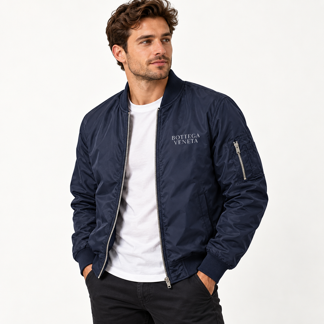 Men's Bottega Veneta Lightweight Bomber Jacket Windbreaker Softshell Varsity Jacket Coat | Color: Navy | View 2