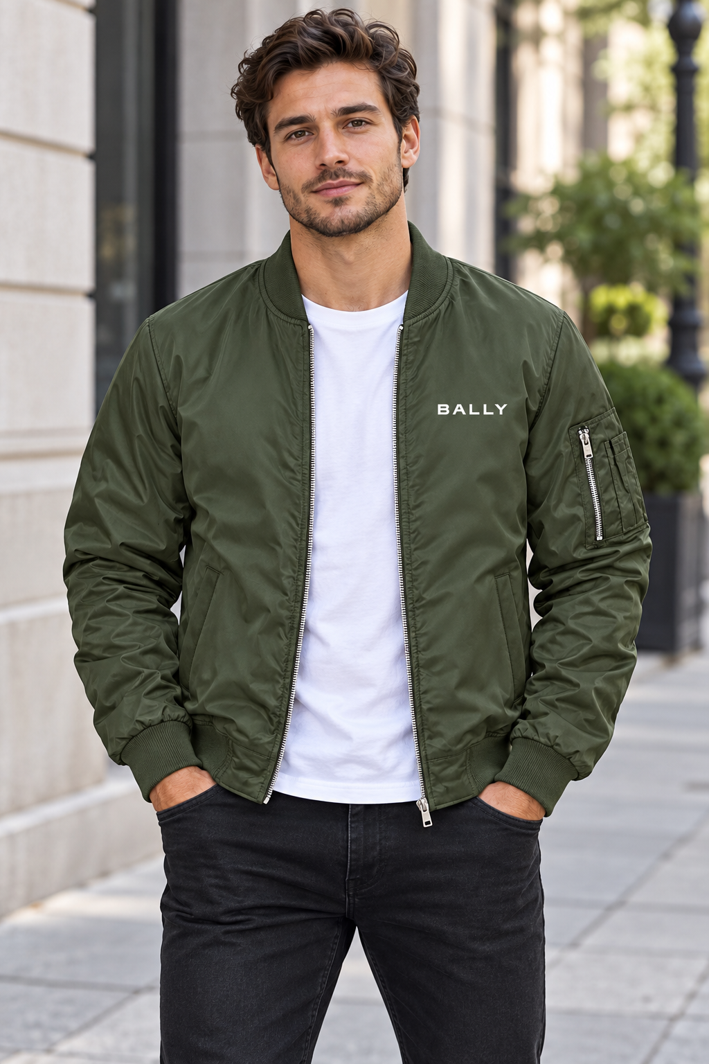 Men's Bally Lightweight Bomber Jacket Windbreaker Softshell Varsity Jacket Coat | Color: Army Green | View 1