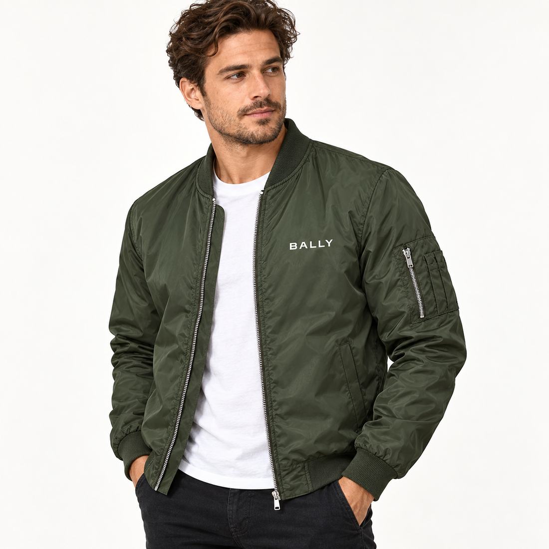 Men's Bally Lightweight Bomber Jacket Windbreaker Softshell Varsity Jacket Coat | Color: Army Green | View 2