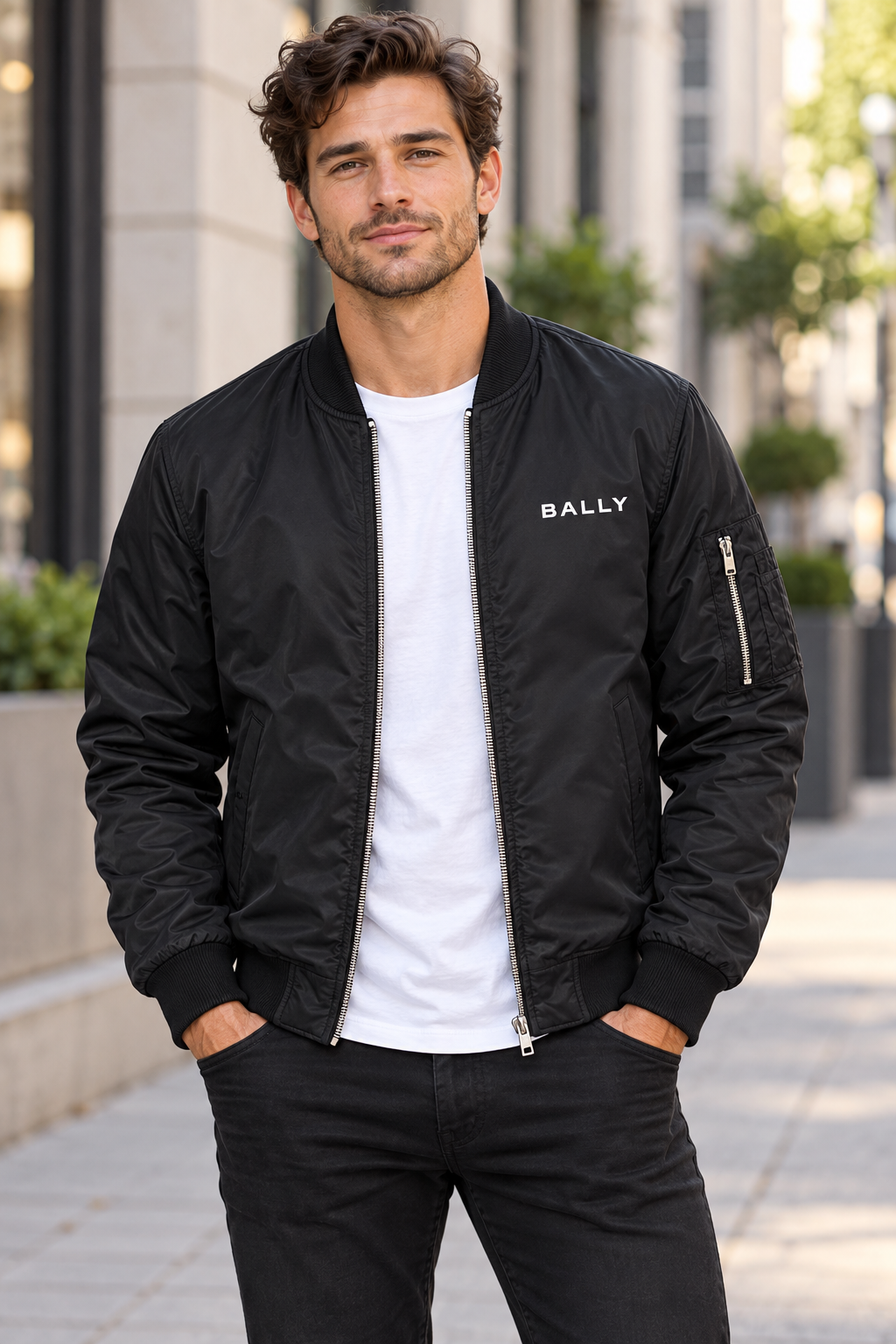 Men's Bally Lightweight Bomber Jacket Windbreaker Softshell Varsity Jacket Coat | Color: Black | View 1