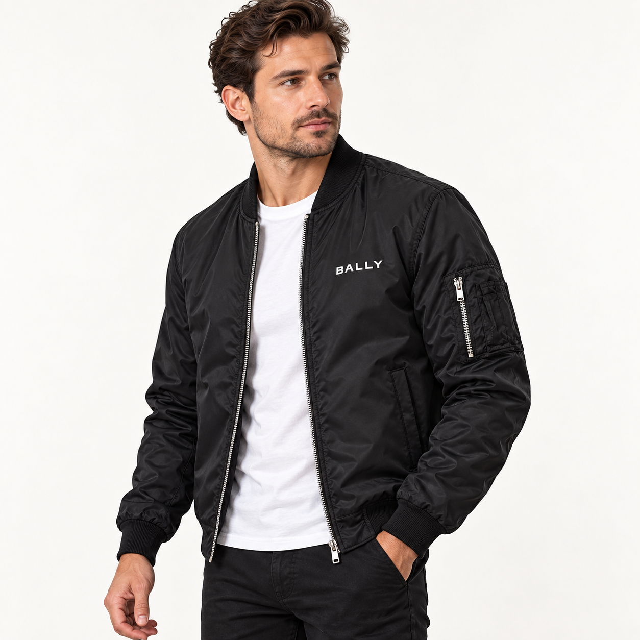 Men's Bally Lightweight Bomber Jacket Windbreaker Softshell Varsity Jacket Coat | Color: Black | View 2