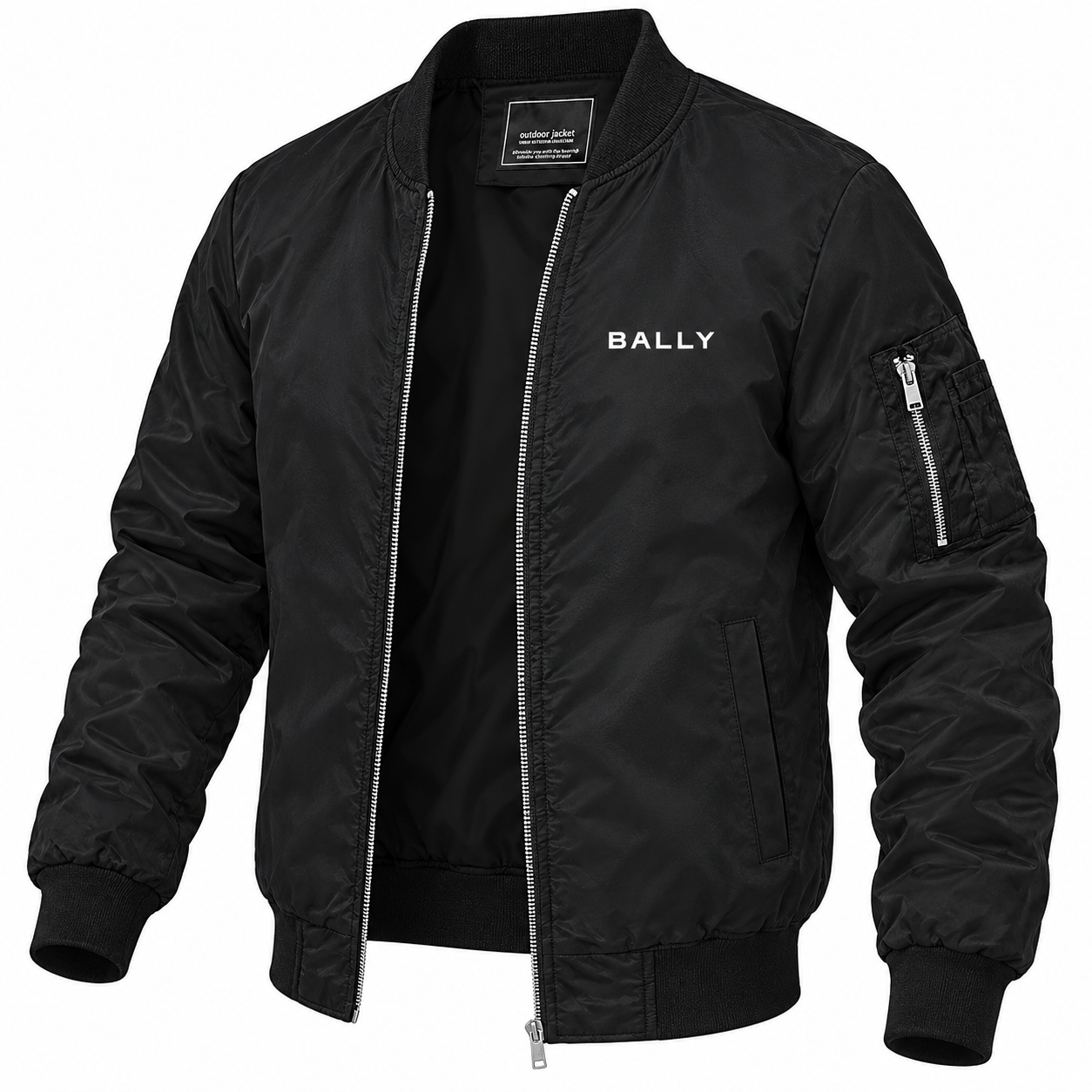 Men's Bally Lightweight Bomber Jacket Windbreaker Softshell Varsity Jacket Coat | Color: Black | View 5