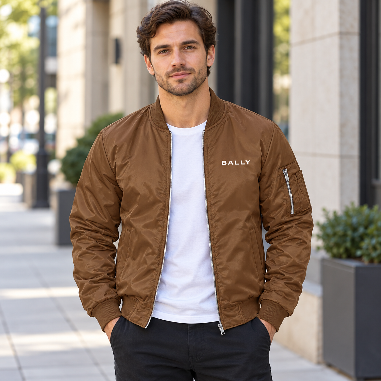 Men's Bally Lightweight Bomber Jacket Windbreaker Softshell Varsity Jacket Coat | Color: Brown | View 1