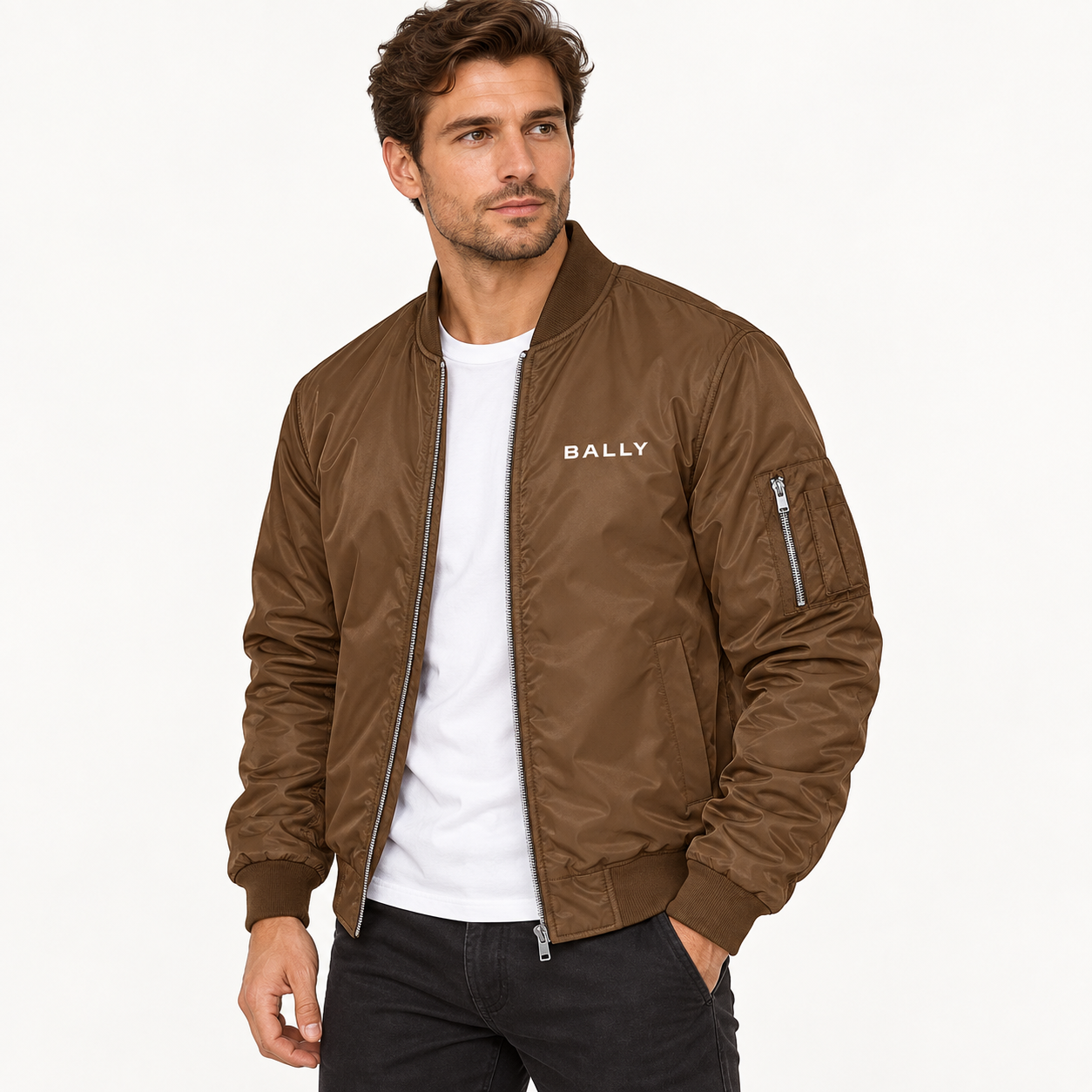 Men's Bally Lightweight Bomber Jacket Windbreaker Softshell Varsity Jacket Coat | Color: Brown | View 2