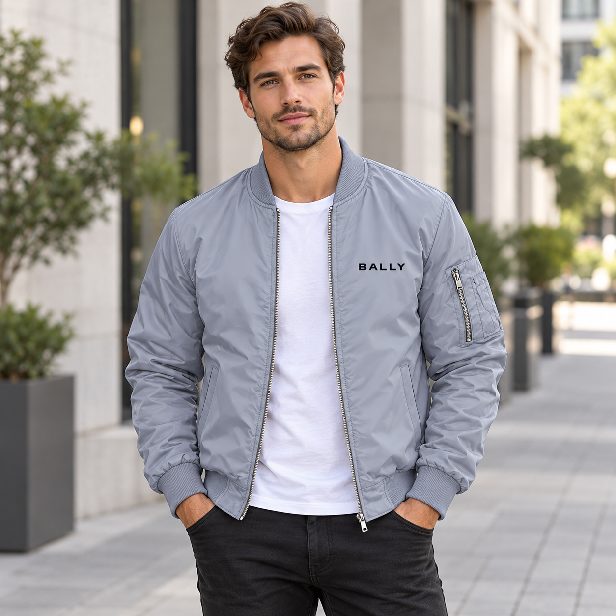 Men's Bally Lightweight Bomber Jacket Windbreaker Softshell Varsity Jacket Coat | Color: Grey | View 1