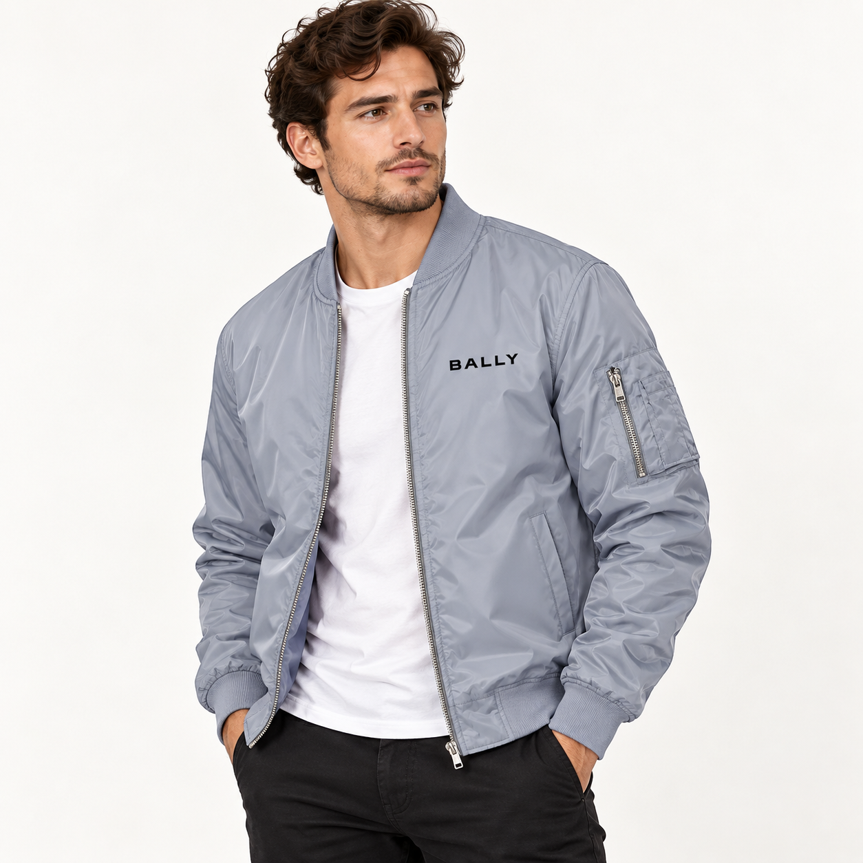 Men's Bally Lightweight Bomber Jacket Windbreaker Softshell Varsity Jacket Coat | Color: Grey | View 2