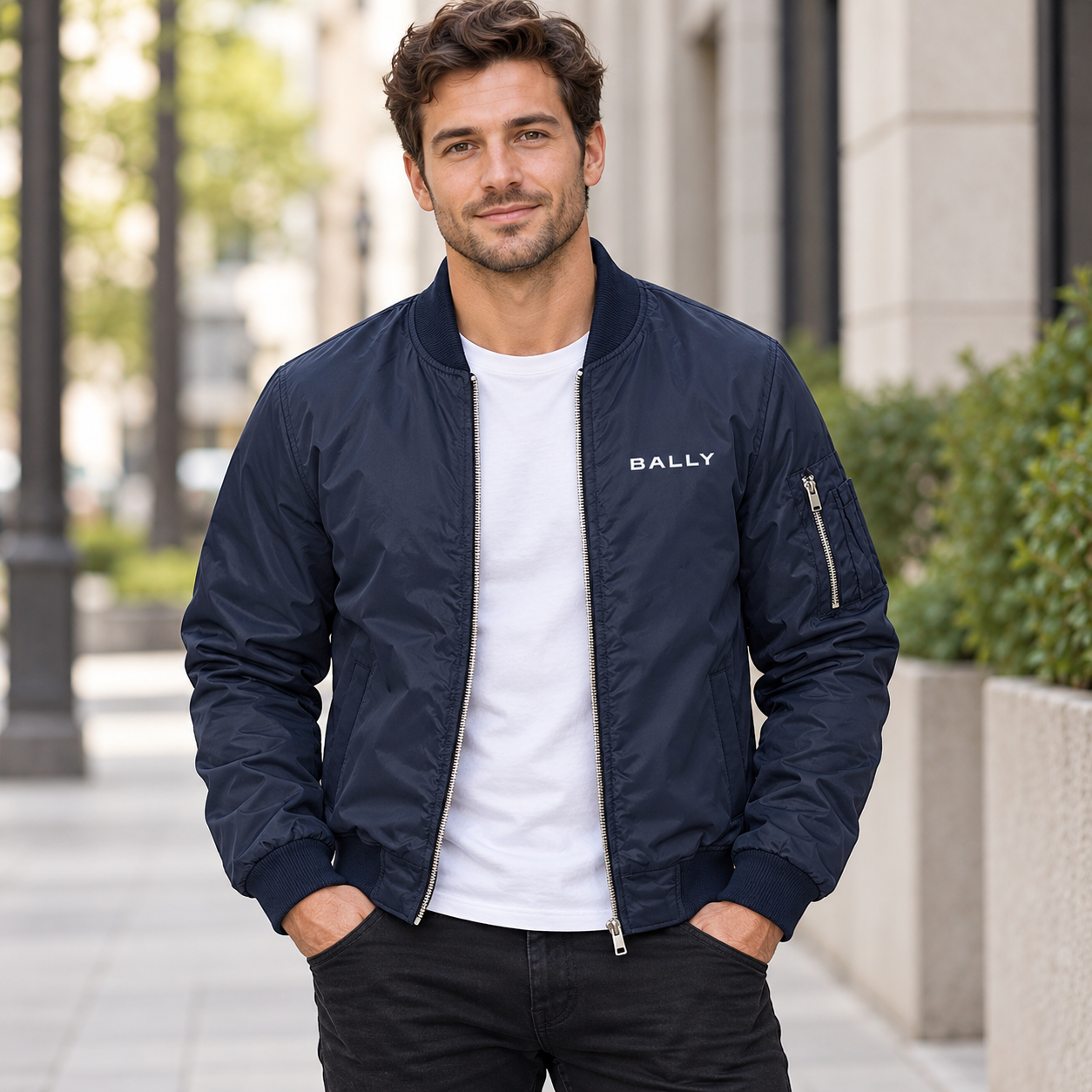 Men's Bally Lightweight Bomber Jacket Windbreaker Softshell Varsity Jacket Coat | Color: Navy | View 1
