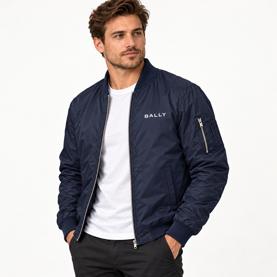 Men's Bally Lightweight Bomber Jacket Windbreaker Softshell Varsity Jacket Coat | Color: Navy | View 2